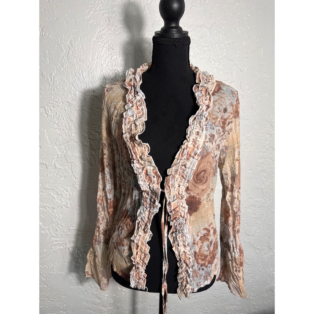 Casting Paris Floral Mesh Ruffle Tie Front Blouse Made in France Earth Tone Sz 1
